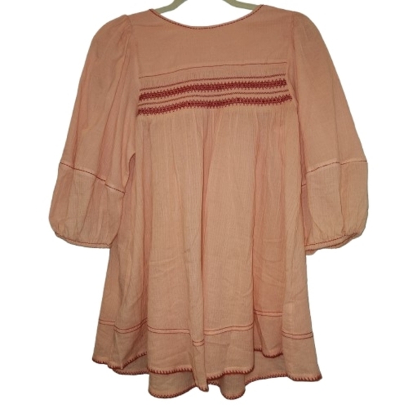 NWT Free People Orange Dylan Smocked Tunic Top 3/4 Sleeve Size S Boho Embroidery - Picture 3 of 10